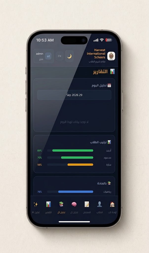 Student performance platform — reports screen with daily analysis and student ranking bars