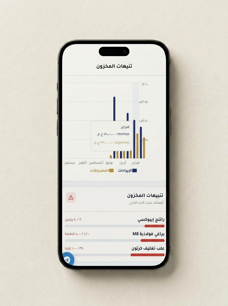 ProfAcc — mobile chart of revenue and expenses with a low-stock alerts list below it