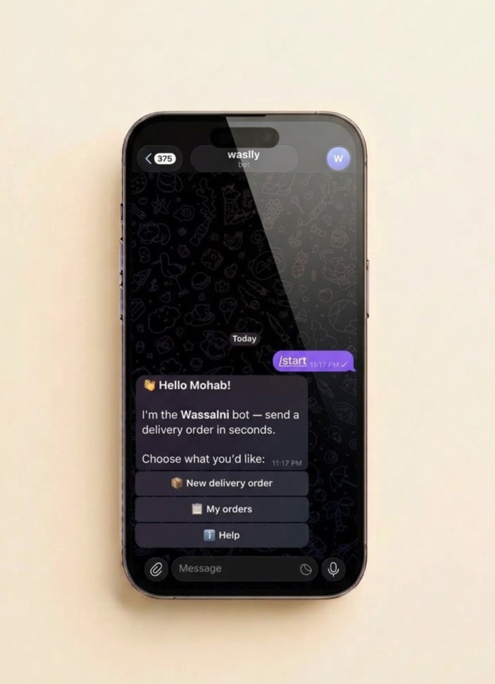Delivery platform — Telegram bot chat with menu for new delivery order, my orders and help