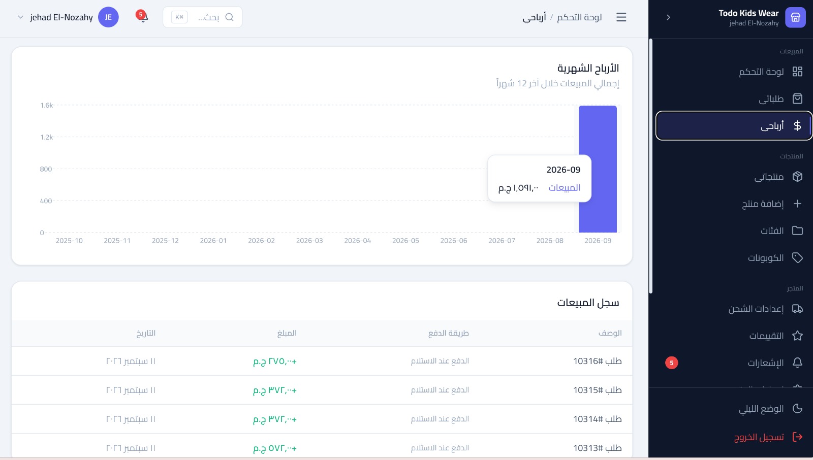 E-commerce admin — monthly earnings chart and sales log with payment method, amount and date per order