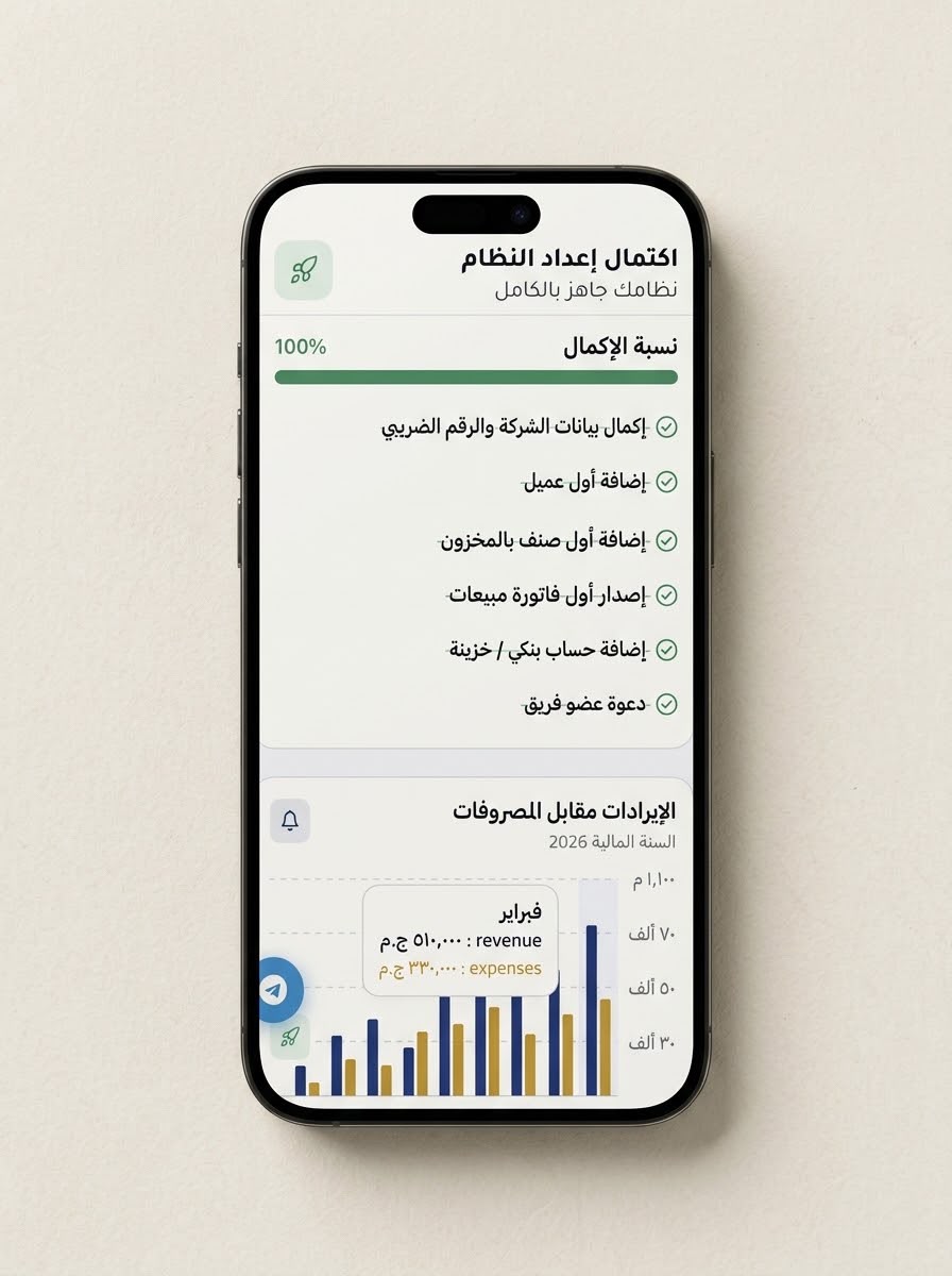 ProfAcc — mobile setup checklist at 100% and a revenue versus expenses monthly bar chart