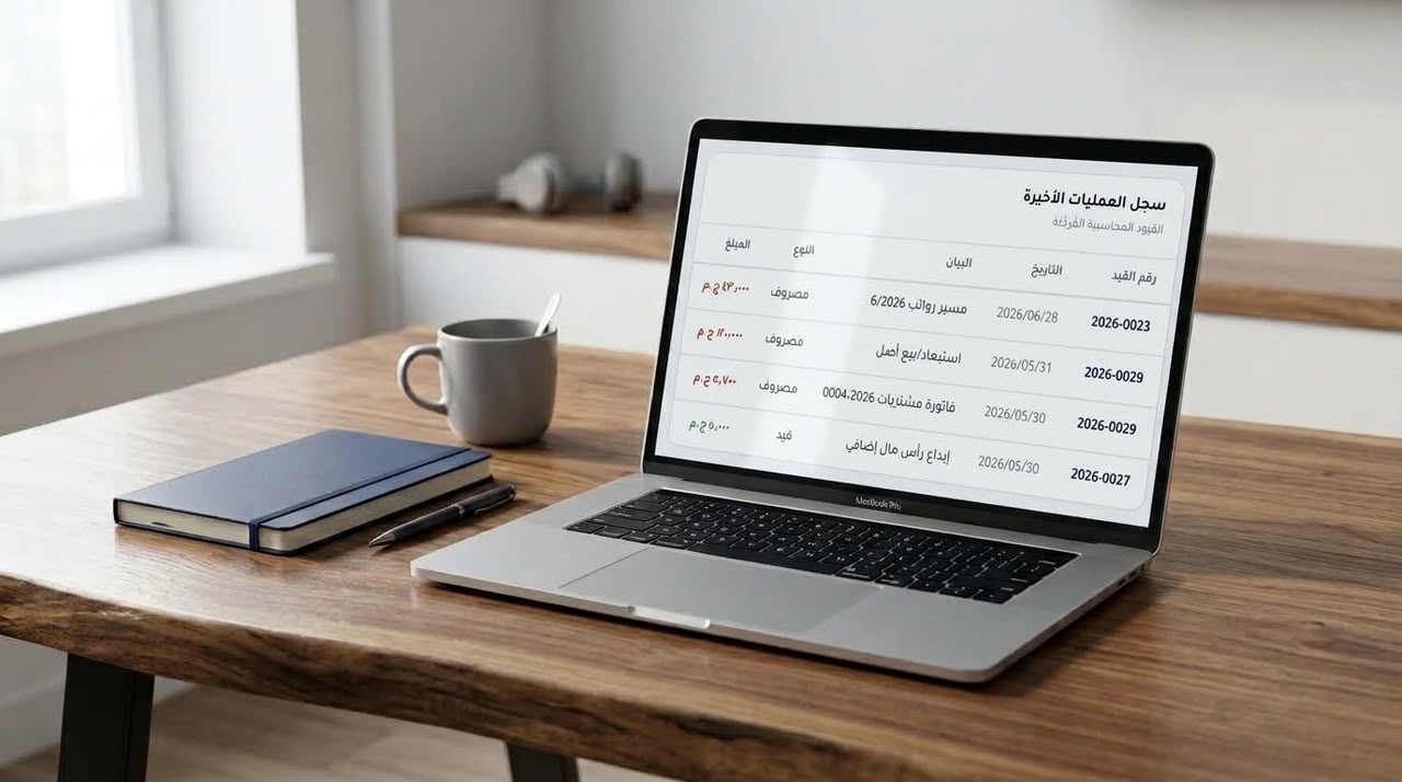 ProfAcc — laptop showing a recent transactions log of posted entries by number, date, type and amount