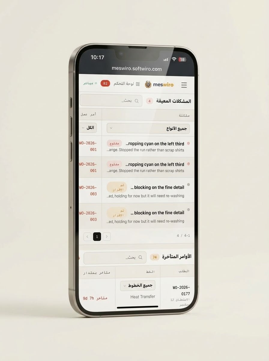 MESwiro — mobile list of open blocking issues linked to work orders, plus overdue orders panel