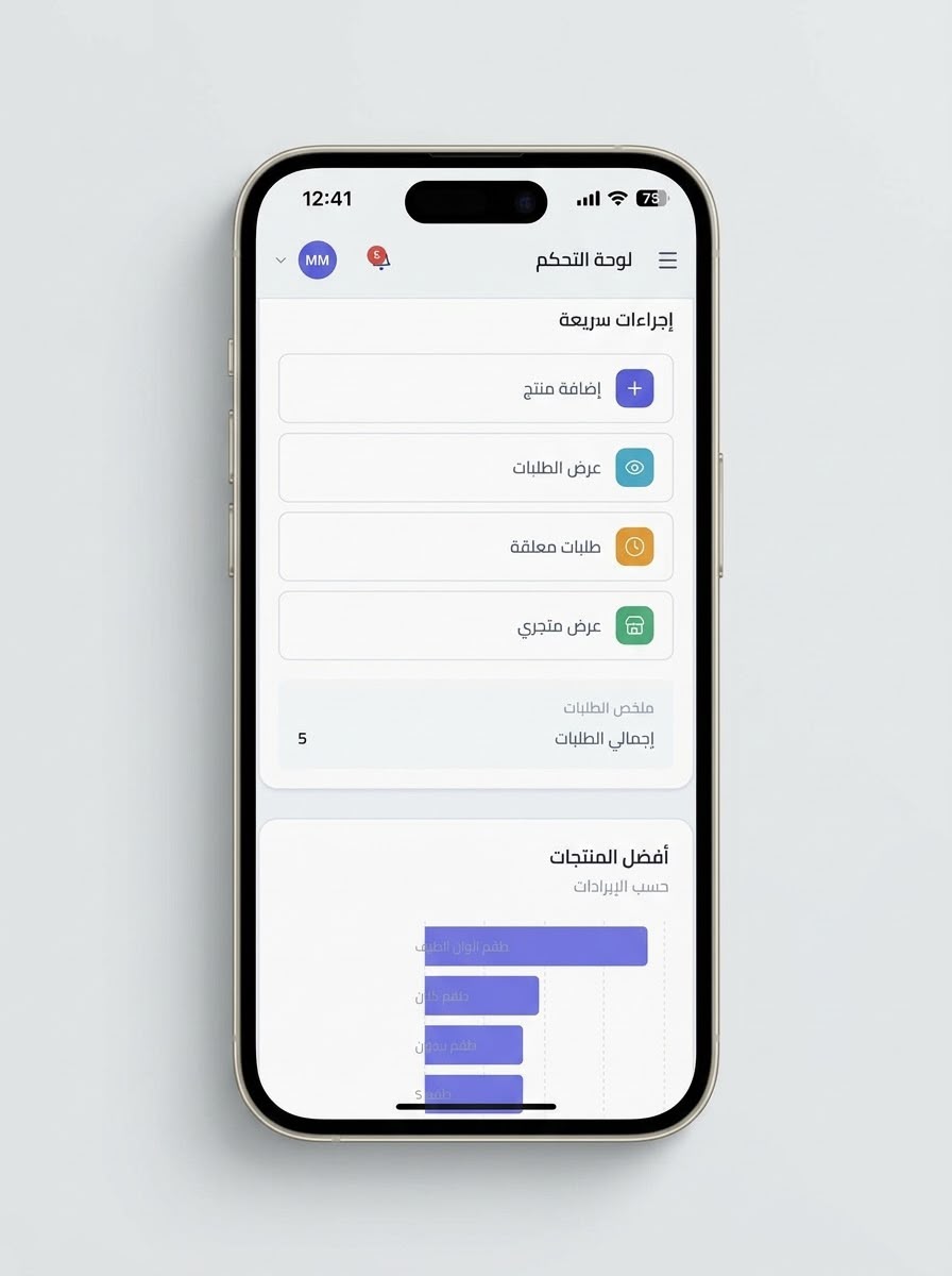 E-commerce admin — phone dashboard with quick actions, orders summary and top products by revenue